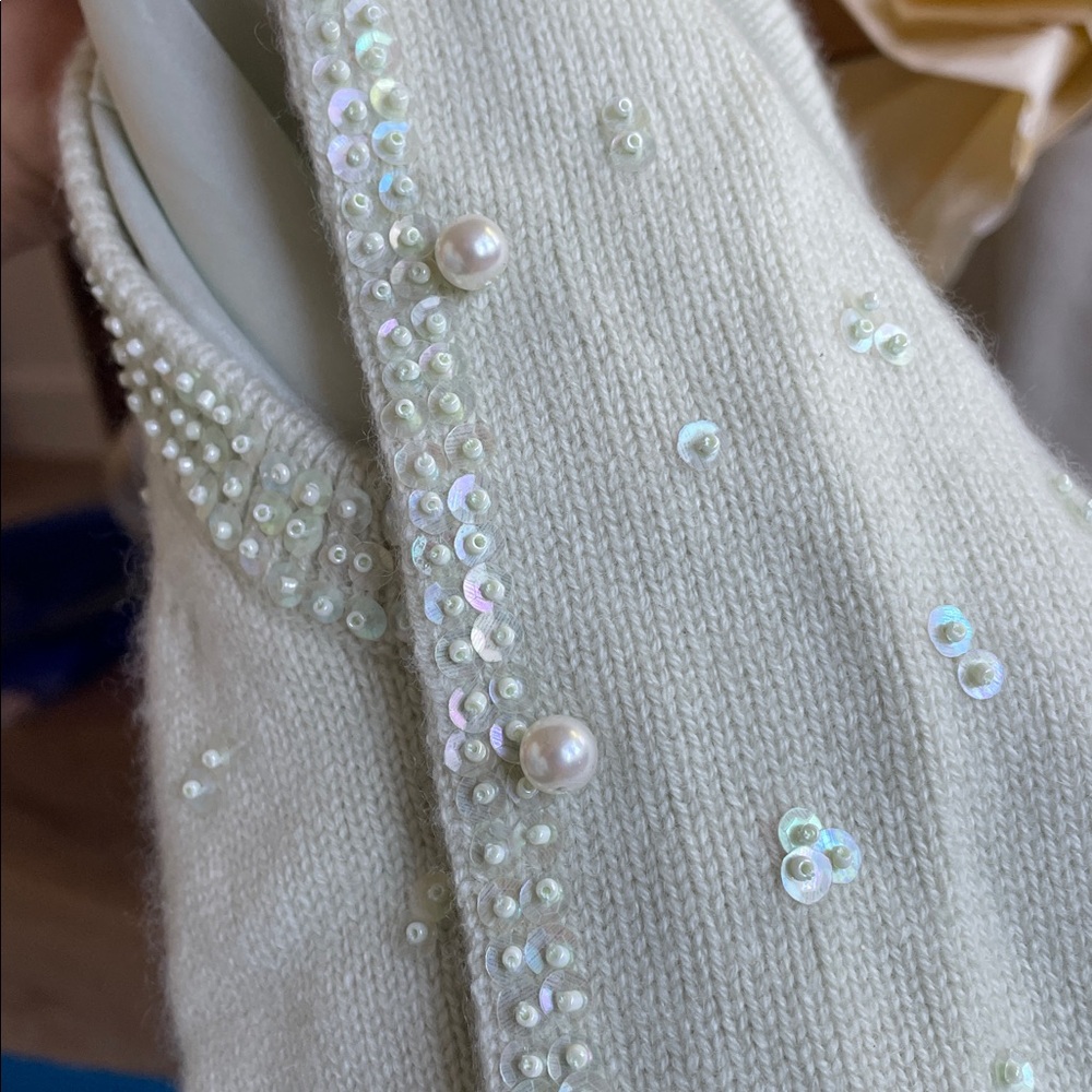 Doen Cashmere Pearl-Embellished Cream Women's Cardigan Sweater - Picture 13 of 14